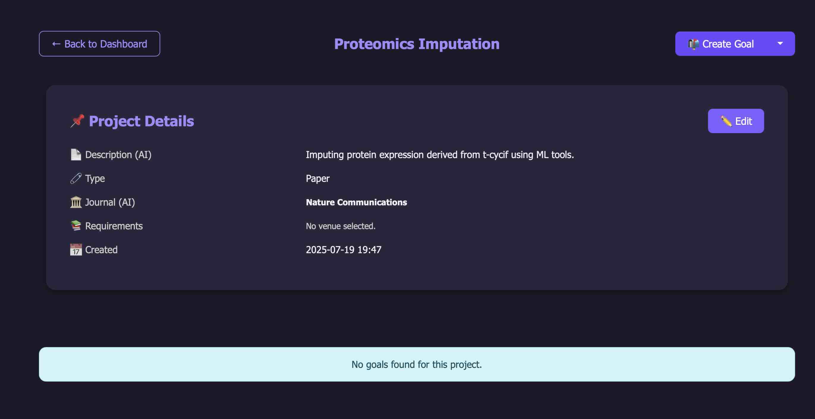 Detailed project overview with revisions and metadata